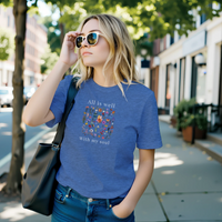 Load image into Gallery viewer, All Is Well shirt in Heather Columbia Blue — street lifestyle, model in sunglasses