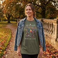 Load image into Gallery viewer, All Is Well shirt in Heather Military Green — street lifestyle, park path scene