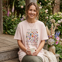 Load image into Gallery viewer, All Is Well shirt in Soft Pink — street lifestyle, garden steps scene