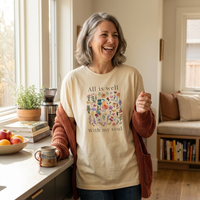 Load image into Gallery viewer, All Is Well shirt in Warm Cream — home lifestyle, kitchen scene