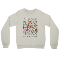 Load image into Gallery viewer, Ash All Is Well crewneck sweatshirt laid flat, showing the wildflower field with “All is well” above and “With my soul” below in charcoal lettering.