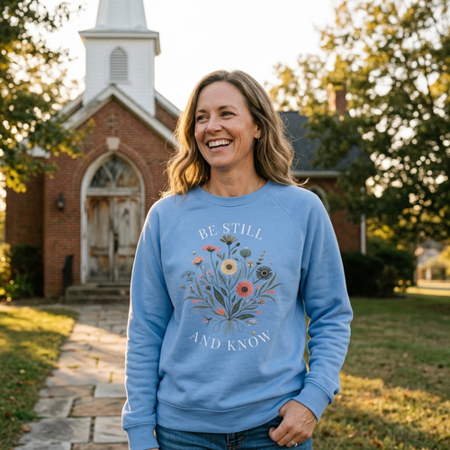 Woman standing outside a small brick church wearing the Carolina Blue Be Still and Know crewneck sweatshirt, the wildflower bouquet and "Be Still and Know" visible across the chest.