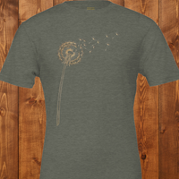 Load image into Gallery viewer, No. 25: The Emergence - Flat lay of an olive green premium luxury tee featuring a botanical dandelion illustration