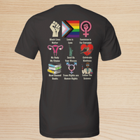 Load image into Gallery viewer, Close detail of the Big Fan of Human Rights shirt back graphic in Vintage Black — intersectional 9-grid layout demanding intellectual freedom, trans rights, and bodily autonomy.