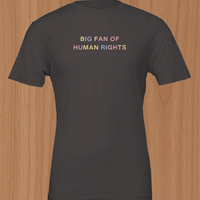 Load image into Gallery viewer, Front flat lay of the Big Fan of Human Rights shirt in Vintage Black — side-seamed drape providing a flawless everyday uniform for the conscious advocate demanding radical human decency.