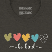 Load image into Gallery viewer, Bellla and Canvas Heather black shirt with be kind graphic with inside collar message