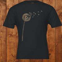 Load image into Gallery viewer, No. 25: The Emergence - Flat lay of a high-contrast black premium luxury tee featuring a scattering dandelion illustration
