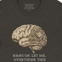 Load image into Gallery viewer, Close up of vintage anatomical brain illustration with steampunk gears and text Hang On Let Me Overthink This on dark grey fabric