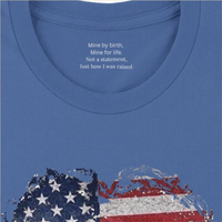 Load image into Gallery viewer, Close-up of the inner collar on the Heather Columbia Blue Deep Roots, Steady Heart shirt, showing the hidden message: Mine by birth. Mine for life. Not a statement, just how I was raised.