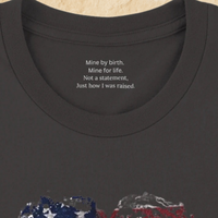 Load image into Gallery viewer, Close-up of the inner collar on the Vintage Black Deep Roots, Steady Heart shirt, showing the hidden message: Mine by birth. Mine for life. Not a statement, just how I was raised.