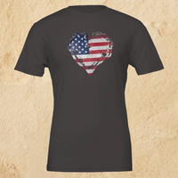 Load image into Gallery viewer, Flat lay of the Vintage Black Deep Roots, Steady Heart shirt on a tan background, showing the full distressed American flag heart graphic across the chest.
