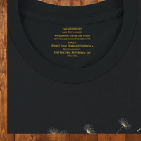 Load image into Gallery viewer, No. 25: The Emergence - Close-up of hidden inner collar typography and premium stitching on a high-contrast black premium luxury tee
