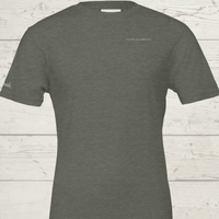 Load image into Gallery viewer, Women's premium sueded cotton graphic tee in Muted Olive Green. Minimalist 'The Exhale' mental health and wellness apparel design.