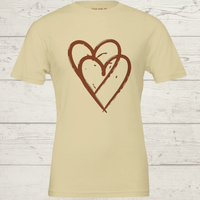 Load image into Gallery viewer, Vital Threads t-shirt featuring cream colored shirt sketched double heart design. Minimalist love and connection apparel.