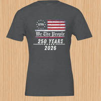 Load image into Gallery viewer, Studio flat lay of the premium equal rights heritage clothing tee in Dark Grey Heather, featuring the striking white and red distressed We The People typography against a dark canvas.