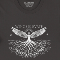 Load image into Gallery viewer, Close up of the Study No. 21 graphic on a Vintage Black premium t-shirt, showing intricate celestial wings and earthly roots.
