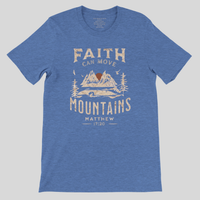 Load image into Gallery viewer, Heather Columbia Blue Faith Can Move Mountains shirt, flat lay front view showing the full Matthew 17:20 mountain graphic.