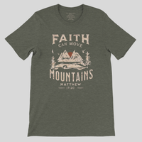 Load image into Gallery viewer, Heather Military Green Faith Can Move Mountains shirt, flat lay front view showing the full Matthew 17:20 mountain graphic.