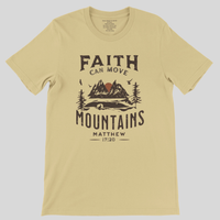Load image into Gallery viewer, Soft Cream Faith Can Move Mountains shirt, flat lay front view showing the full Matthew 17:20 mountain graphic.