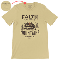 Load image into Gallery viewer, Faith Can Move Mountains shirt in Soft Cream, front flat lay showing the Matthew 17:20 mountain graphic.
