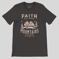 Load image into Gallery viewer, Vintage Black Faith Can Move Mountains shirt, flat lay front view showing the full Matthew 17:20 mountain graphic.