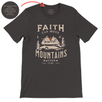 Load image into Gallery viewer, Faith Can Move Mountains shirt in Vintage Black, front flat lay showing the Matthew 17:20 mountain graphic.
