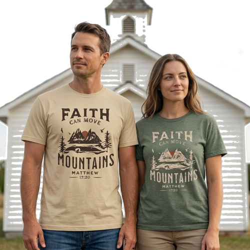 Man and woman standing outside a white country church -- he wears the Soft Cream Faith Can Move Mountains shirt, she wears the Heather Military Green version, both showing the front Matthew 17:20 mountain graphic.