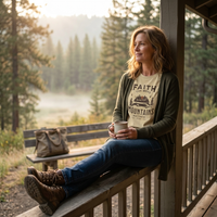 Load image into Gallery viewer, Woman sitting on a porch railing holding a coffee mug, wearing the Warm Cream Faith can Move Mountains shirt with a misty pine forest backdrop.