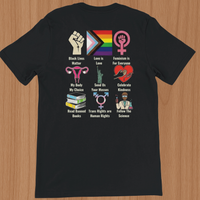 Load image into Gallery viewer, Flat lay back view of black premium t-shirt showcasing intersectional inclusivity and equality icon grid graphic