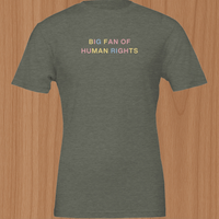 Load image into Gallery viewer, Flat lay front view of heather military green premium quiet luxury activist t-shirt featuring big fan of human rights text.
