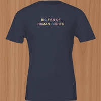 Load image into Gallery viewer, Flat lay front view of midnight navy blue intersectional human rights graphic tee with architectural pastel font.