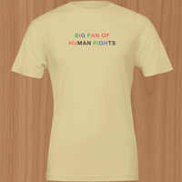 Load image into Gallery viewer, Flat lay front view of soft cream minimalist human rights typography t-shirt with wide tracked out pastel lettering.