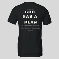 Load image into Gallery viewer, Black God Has A Plan men's t-shirt, back flat lay showing bold back print and Jeremiah 29:11 citation