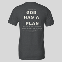 Load image into Gallery viewer, Dark Grey Heather God Has A Plan men's t-shirt, back flat lay