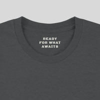 Load image into Gallery viewer, Inner collar detail on Dark Grey Heather God Has A Plan t-shirt reading Ready For What Awaits