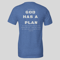 Load image into Gallery viewer, Heather Columbia Blue God Has A Plan men's t-shirt, back flat lay