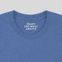 Load image into Gallery viewer, Inner collar detail on Heather Columbia Blue God Has A Plan t-shirt reading Ready For What Awaits