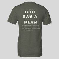 Load image into Gallery viewer, Heather Military Green God Has A Plan men's t-shirt, back flat lay