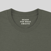 Load image into Gallery viewer, Inner collar detail on Heather Military Green God Has A Plan t-shirt reading Ready For What Awaits