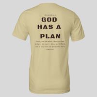 Load image into Gallery viewer, Natural God Has A Plan men's t-shirt, back flat lay with espresso brown ink print