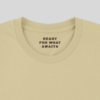 Load image into Gallery viewer, Inner collar detail on Natural God Has A Plan t-shirt reading Ready For What Awaits