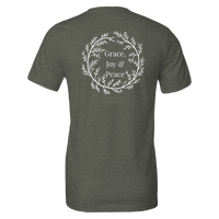 Load image into Gallery viewer, Grace, Joy &amp; Peace shirt in Heather Military Green, back view (alternate angle).