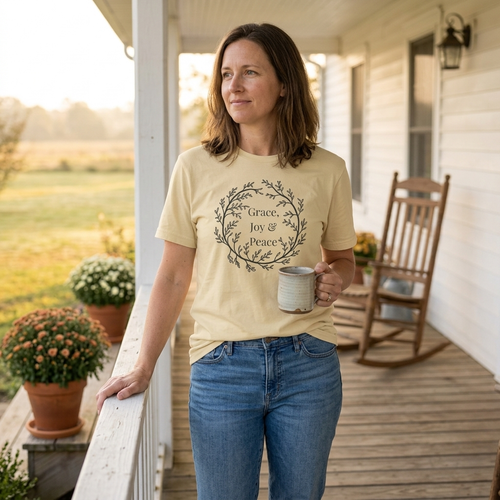 Woman on a farmhouse porch holding a coffee mug, wearing the Soft Cream Grace, Joy & Peace shirt with the botanical wreath and Grace, Joy & Peace printed in dark ink on the front.