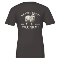 Load image into Gallery viewer, Flat lay of the front of the He Left the 99 to Find Me shirt in Dark Grey Heather, showing the full arched sheep graphic and Matthew 18:12-14 reference.