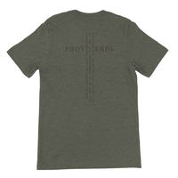 Load image into Gallery viewer, Heather Military Green He Will Straighten Your Path shirt, flat back view showing PROVERBS with the full Proverbs 3:5-6 verse running down through it to form a cross, 3:5-6 beneath.

