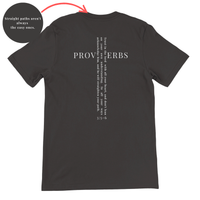 Load image into Gallery viewer, Vintage Black He Will Straighten Your Path shirt, flat back view showing PROVERBS with the verse set vertically through the lettering to form a cross and 3:5-6 beneath, with an inset of the inner collar message.
