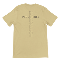 Load image into Gallery viewer, Heather Military Green He Will Straighten Your Path shirt, back view, showing the Proverbs 3:5-6 cross graphic with PROVERBS set horizontal and the full verse running vertical through it.