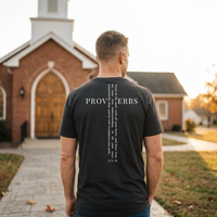 Load image into Gallery viewer, Soft Cream He Will Straighten Your Path shirt, back view, showing the Proverbs 3:5-6 cross graphic with PROVERBS set horizontal and the full verse running vertical through it.