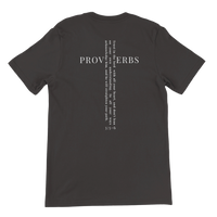 Load image into Gallery viewer, Vintage Black He Will Straighten Your Path shirt, back view, showing the Proverbs 3:5-6 cross graphic with PROVERBS set horizontal and the full verse running vertical through it.