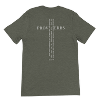 Load image into Gallery viewer, Man standing outside a small-town brick church with a white steeple, seen from behind, wearing the Vintage Black He Will Straighten Your Path shirt with the Proverbs 3:5-6 back graphic visible.